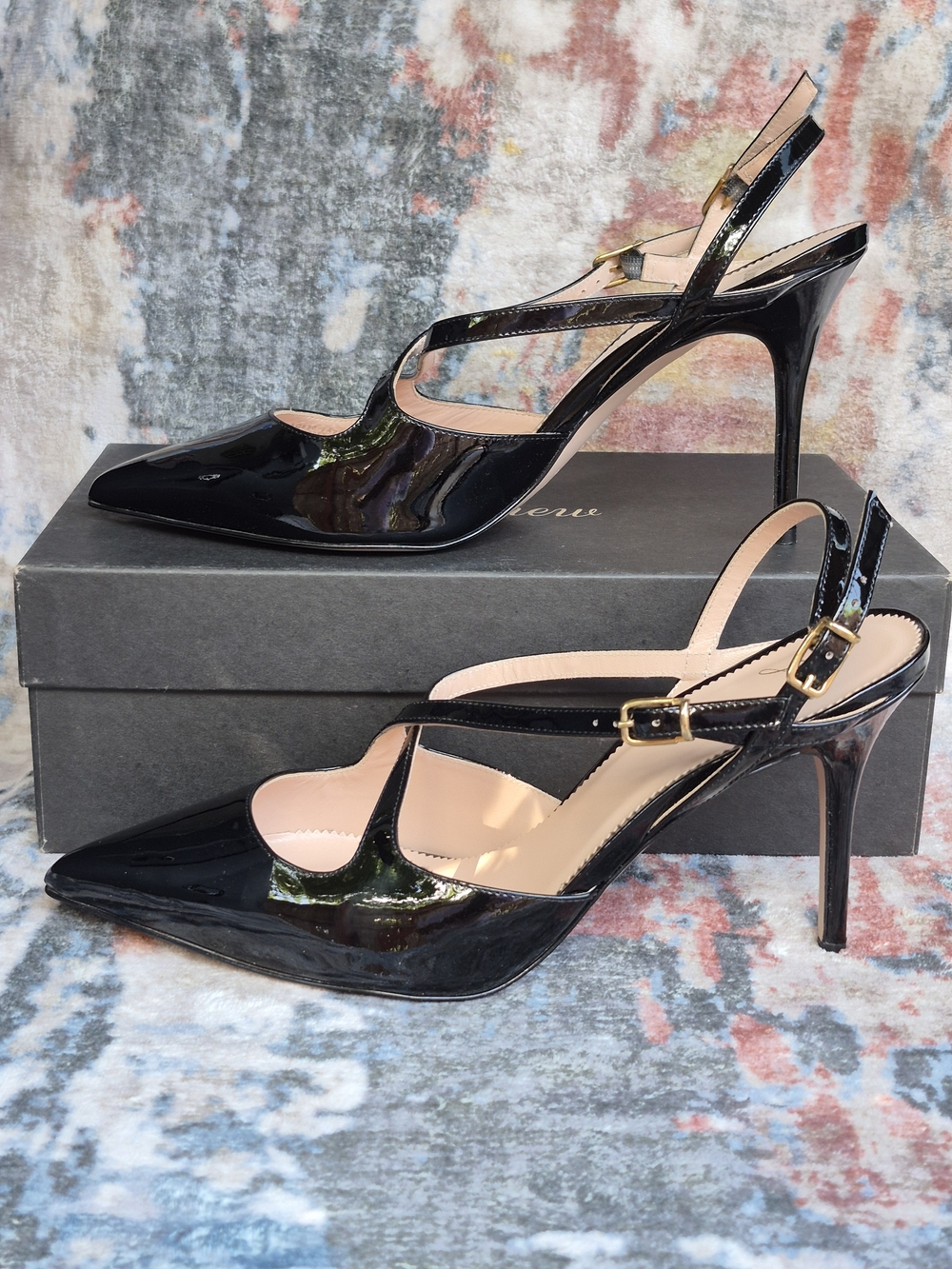 NIB J.CREW Black PATENT LEATHER Elsie Slingback Cross Strap Women's Pumps Sz 11
